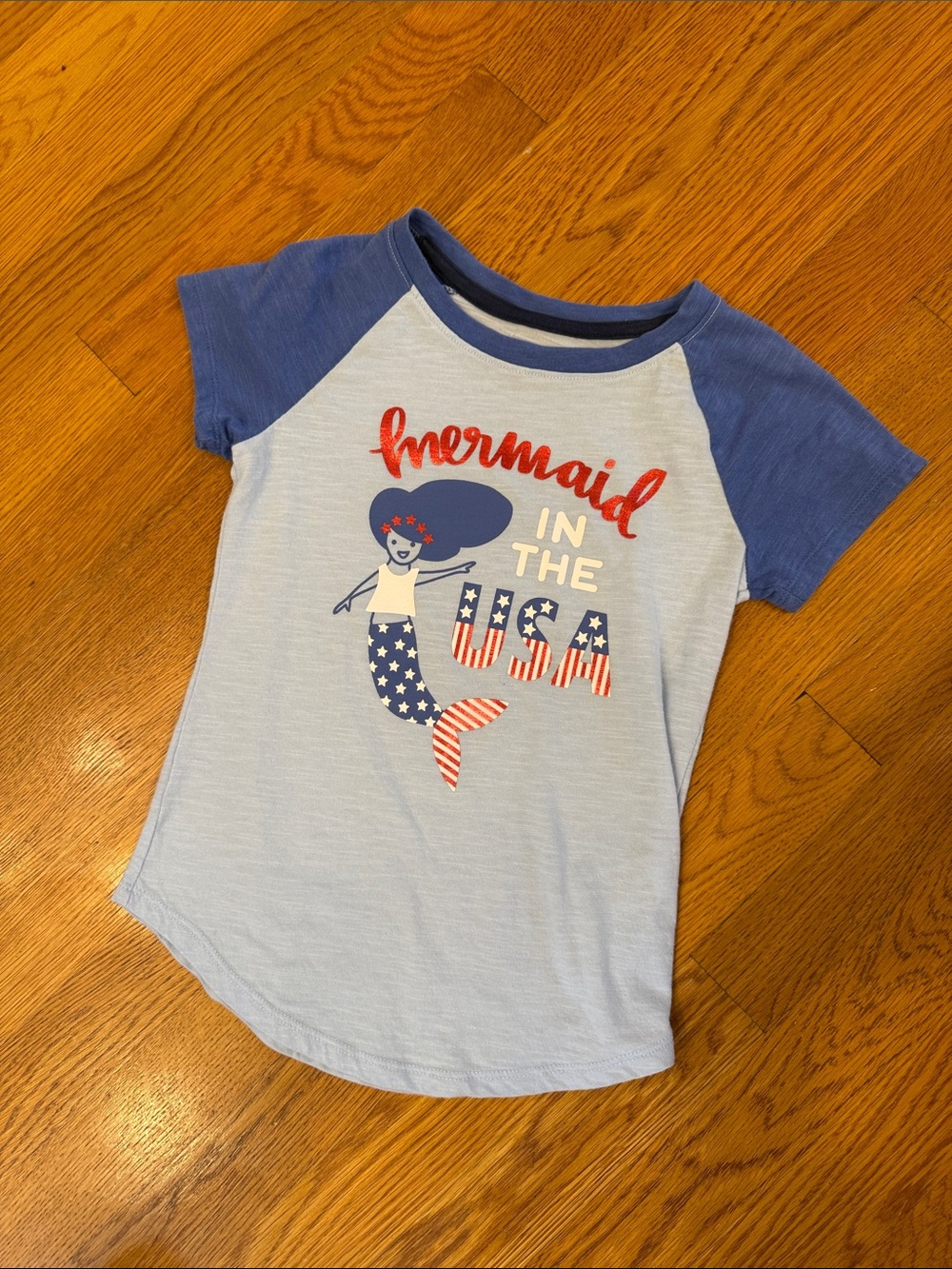 Cat & Jack Light Blue and Navy 'Mermaid in the USA' Graphic Raglan Tee sz 6
